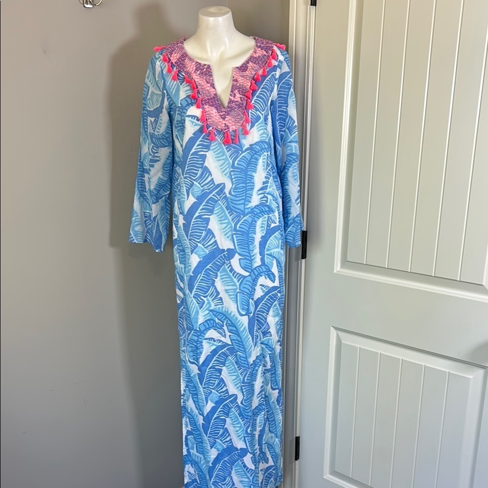 Sail to Sable Blue Banana Leaf Print Maxi Dress Blue White Tassel Vneck XS NEW - Picture 1 of 8